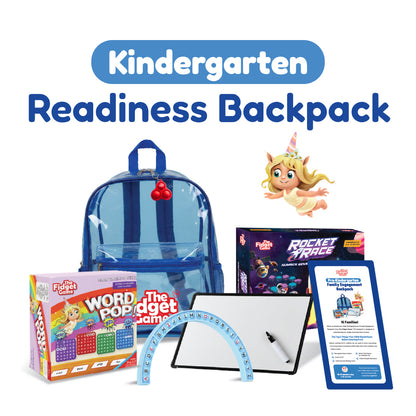 Kindergarten Readiness Backpack with blue bag and The Fidget Games Word Pop, Pocket Race toys on Tampa Home & Garden Store