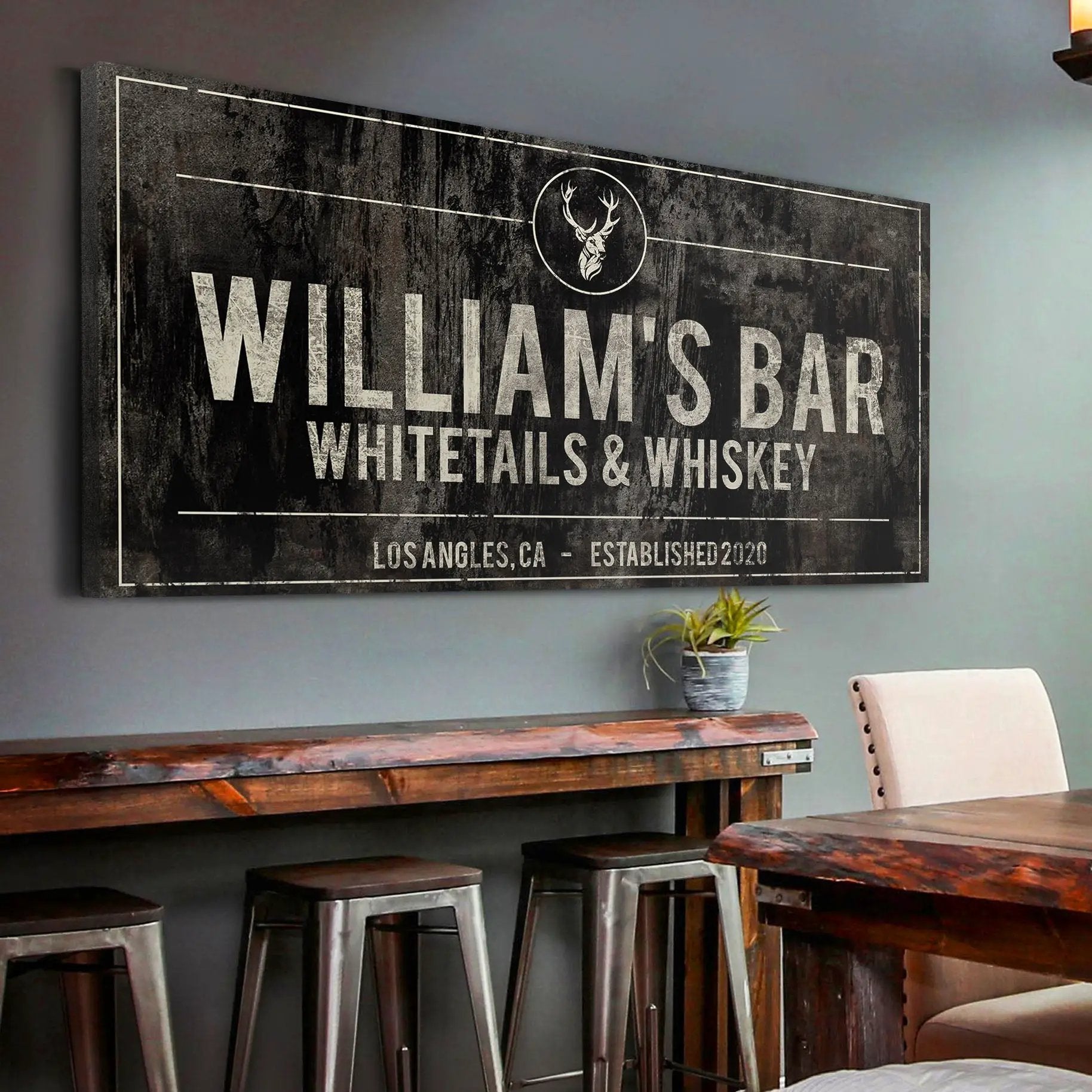 Whitetails and Whiskey sign canvas by Tailored Canvases, distressed black finish on Tampa Home & Garden Store