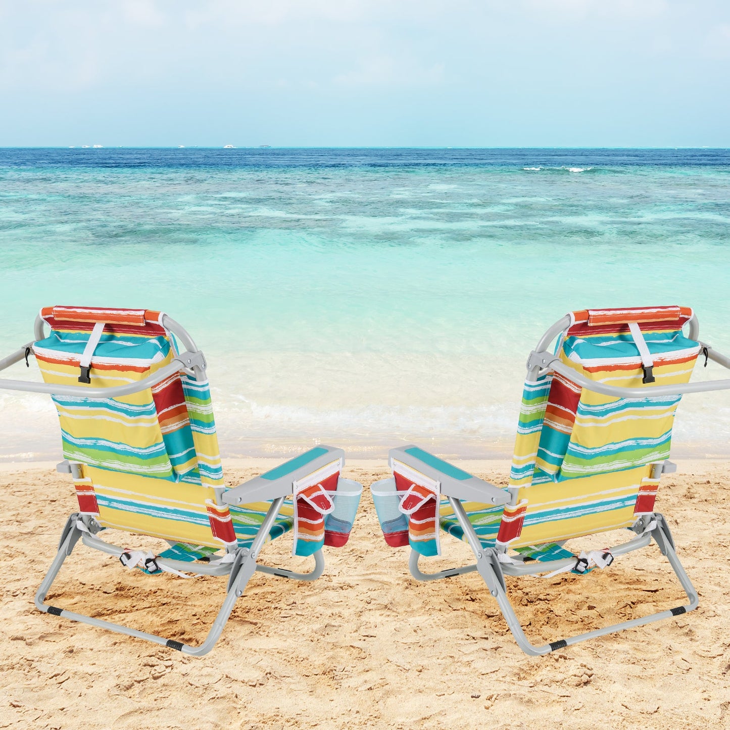 1 Piece Foldable Backpack Beach Chair with Cup Holder and Storage Pockets for Outdoor-Multicolor