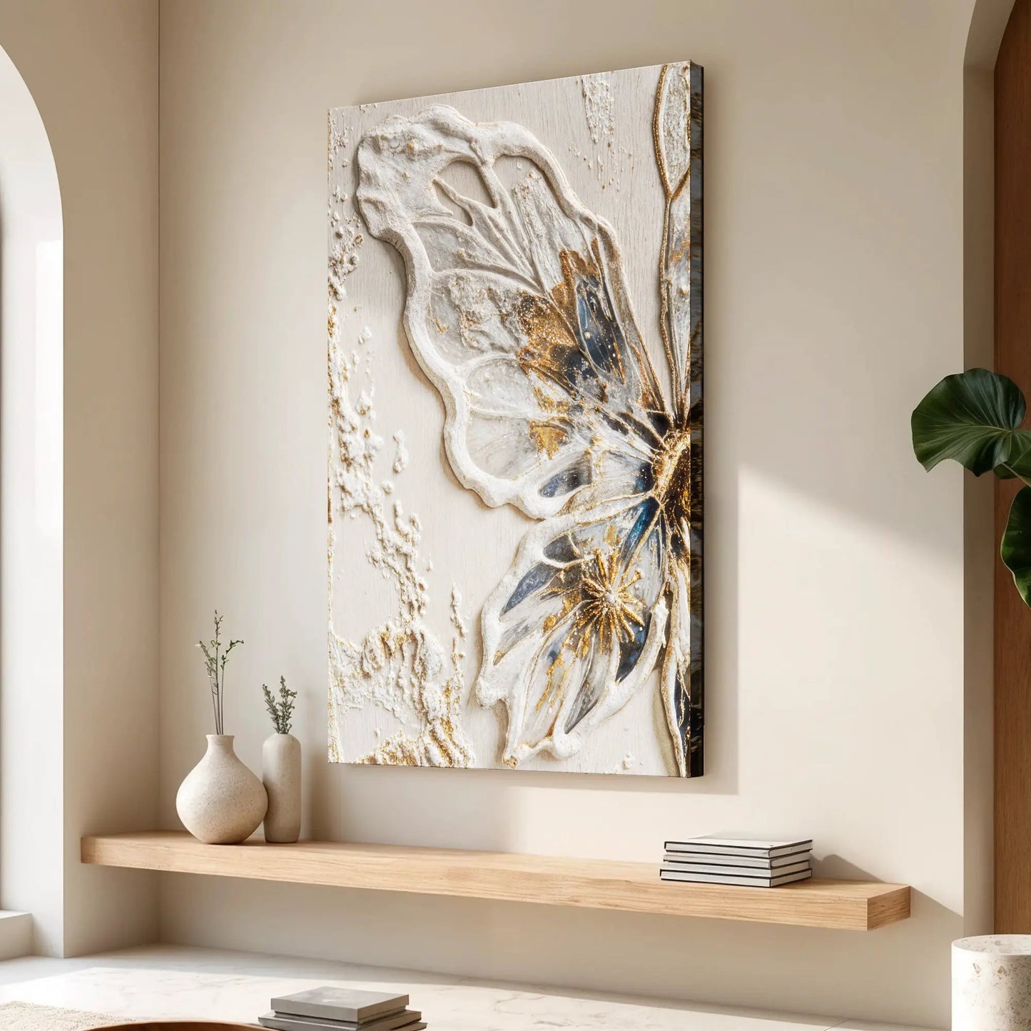 Half Butterfly Wall Art canvas by Tailored Canvases; ivory butterfly relief with gold accents on Tampa Home & Garden Store