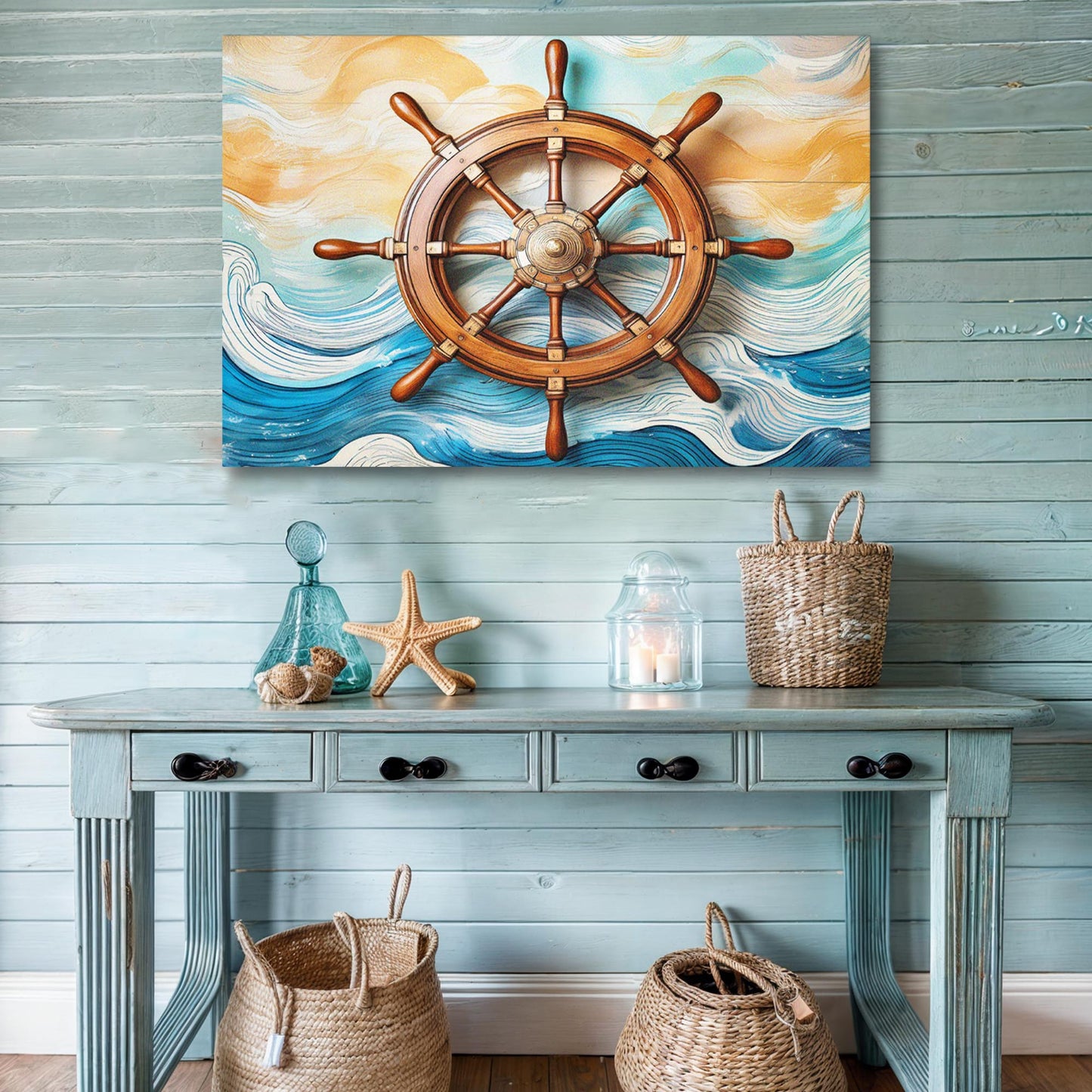 Sailboat ship wheel canvas wall art by Tailored Canvases in warm wood tones with blue waves on Tampa Home & Garden Store