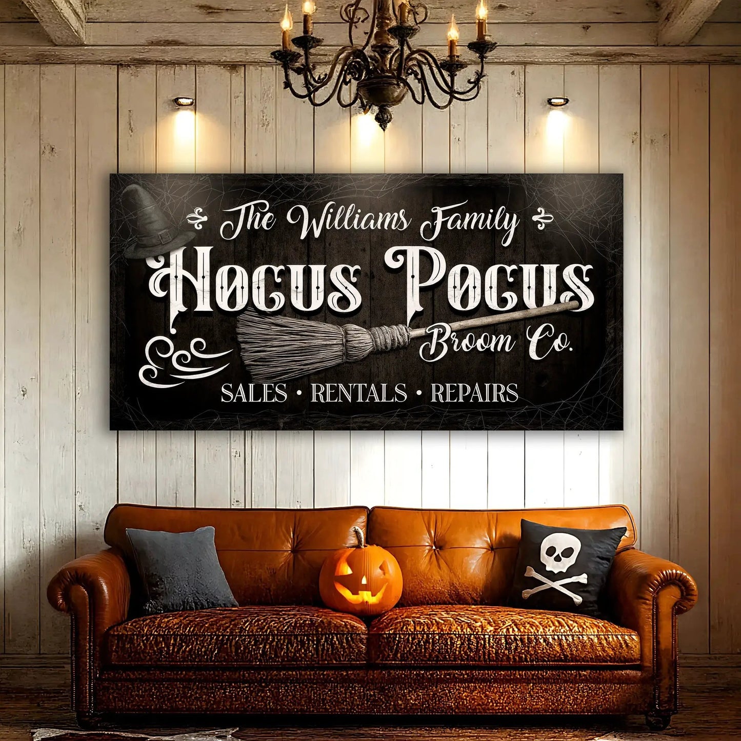 Personalized Hocus Pocus Broom Co. canvas wall sign crafting canvas on dark rustic board on Tampa Home & Garden Store