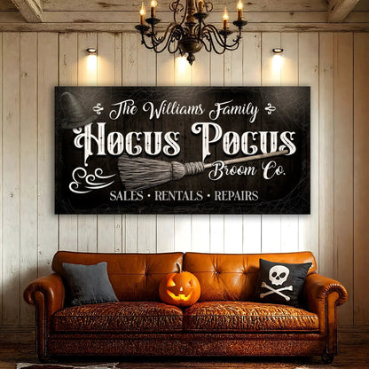 Personalized Hocus Pocus Broom Co. canvas wall sign crafting canvas on dark rustic board on Tampa Home & Garden Store