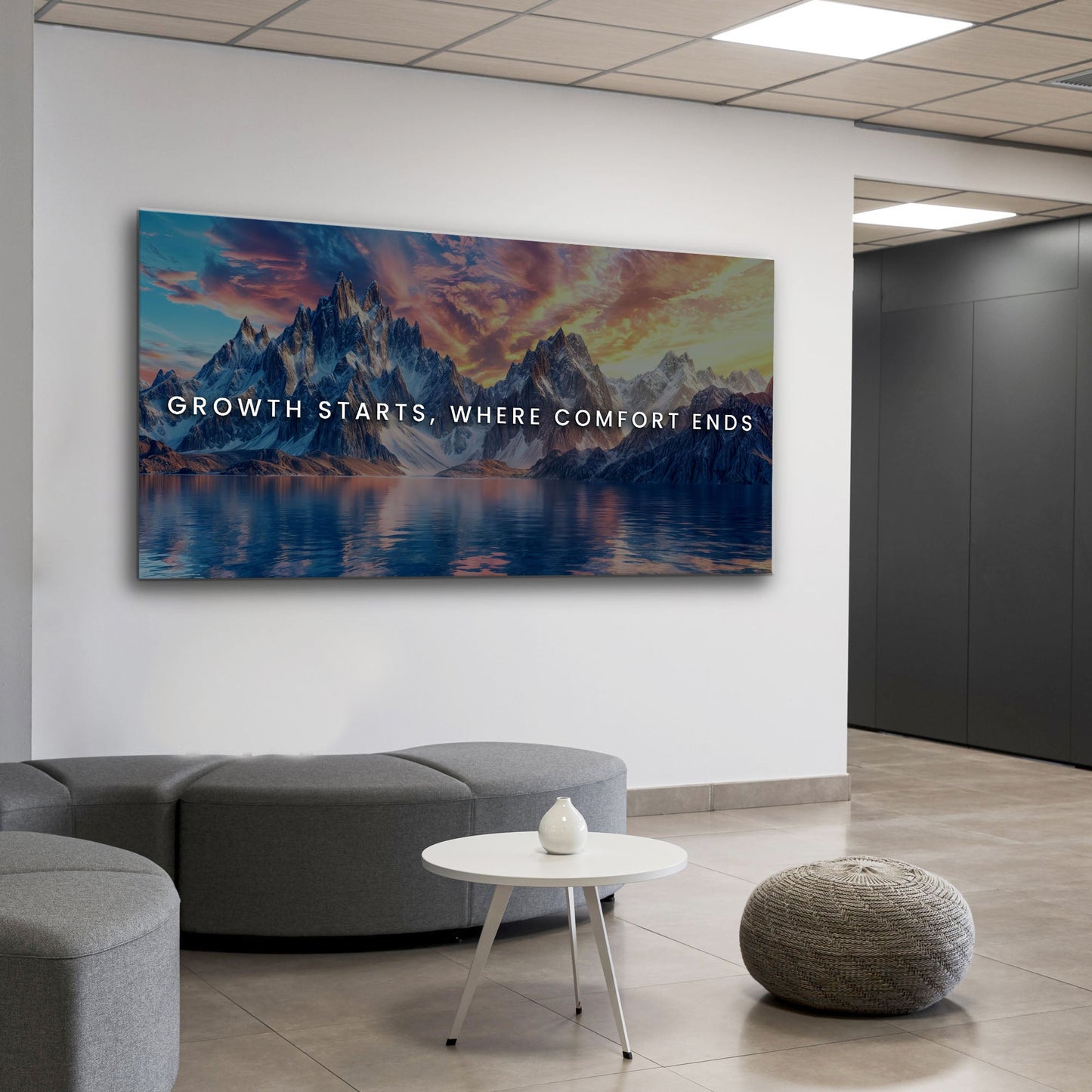 Growth Starts Where Comfort Ends motivational canvas wall art featuring mountain scene on Tampa Home & Garden Store