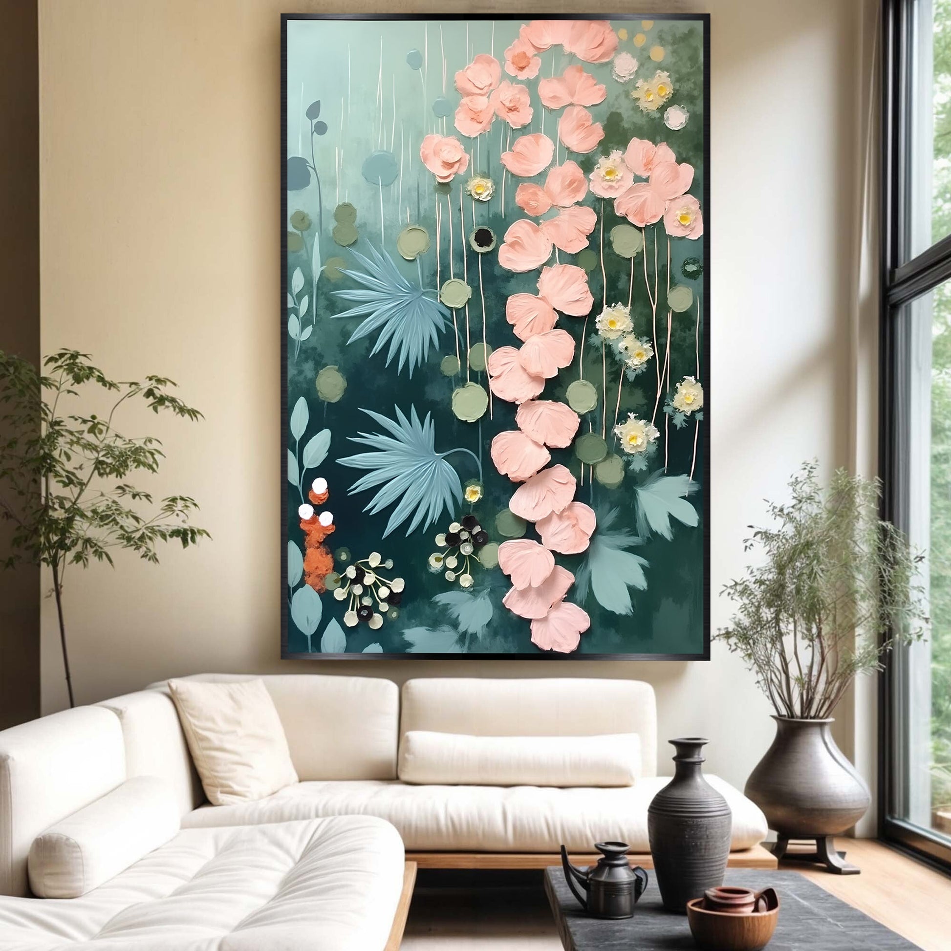 Secret Garden Wall Art II canvas with pink blossoms on teal backdrop, black frame on Tampa Home & Garden Store