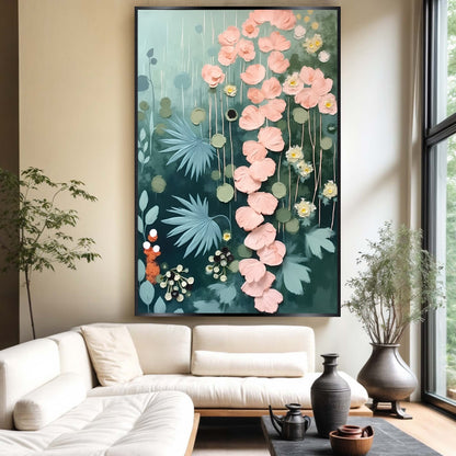 Secret Garden Wall Art II canvas with pink blossoms on teal backdrop, black frame on Tampa Home & Garden Store
