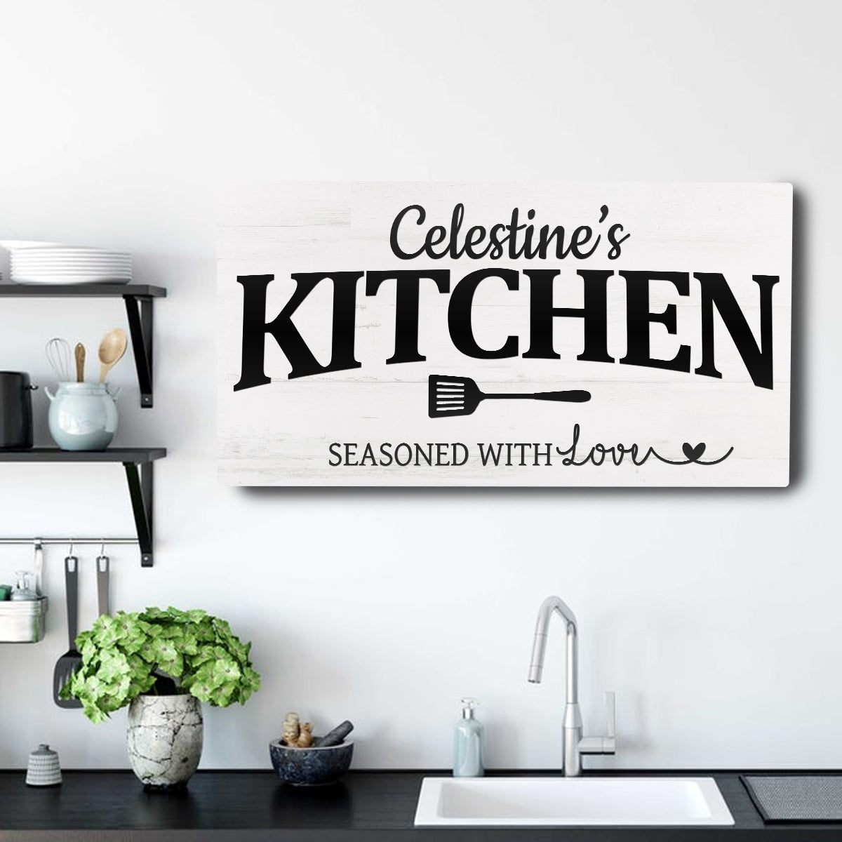 Canvas kitchen sign with distressed white wood, Celestine's KITCHEN text and spatula icon on Tampa Home & Garden Store