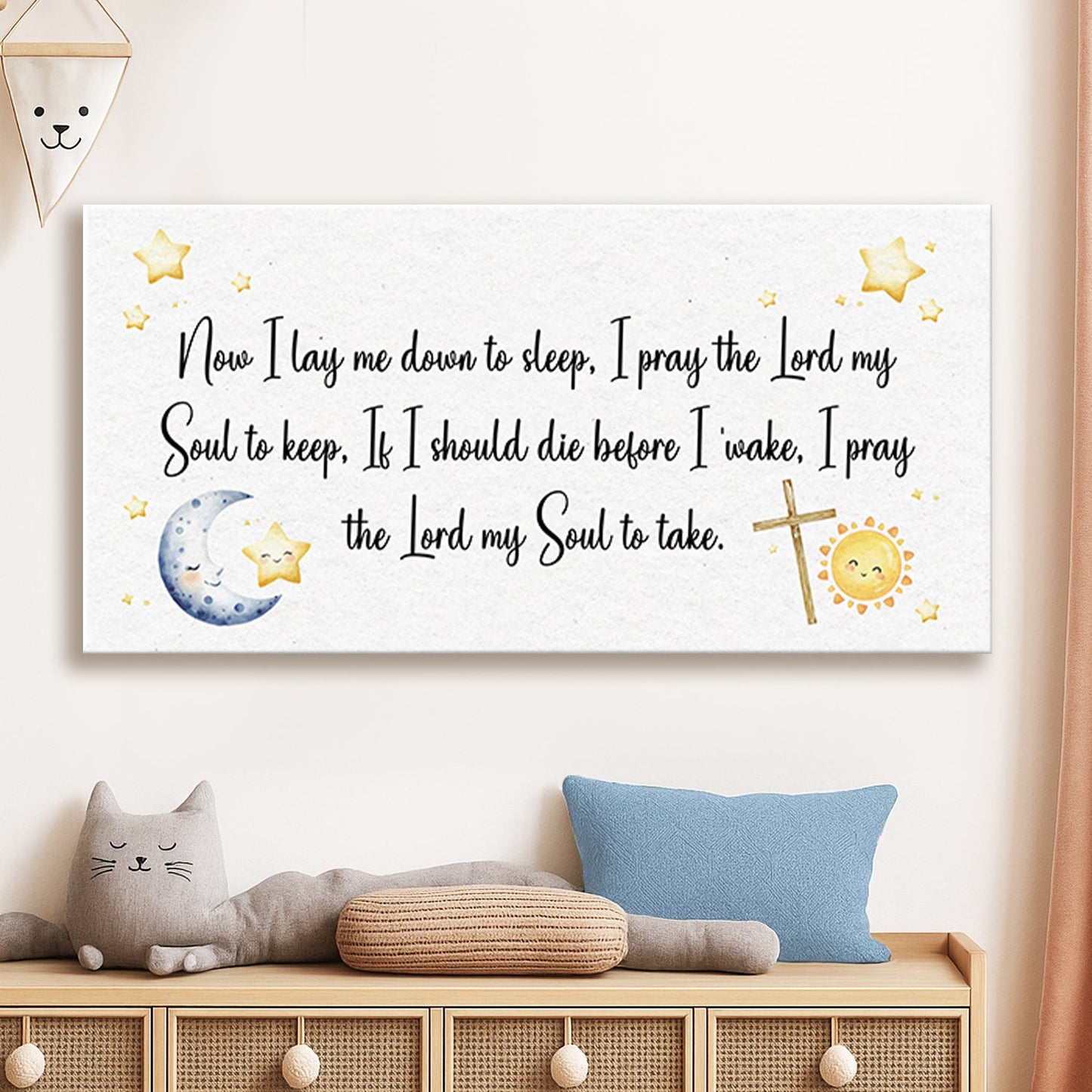 I Lay Me Down To Sleep canvas by Tailored Canvases, crafting canvas with moon sun stars cross on Tampa Home & Garden Store