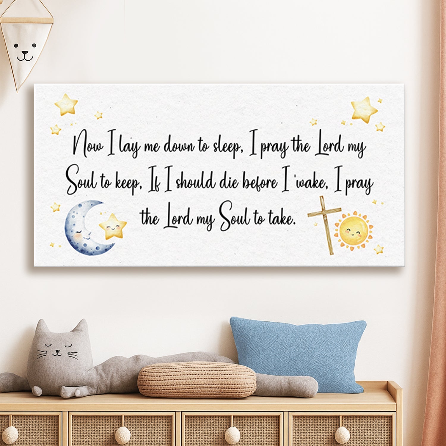 I Lay Me Down To Sleep canvas by Tailored Canvases, crafting canvas with moon sun stars cross on Tampa Home & Garden Store