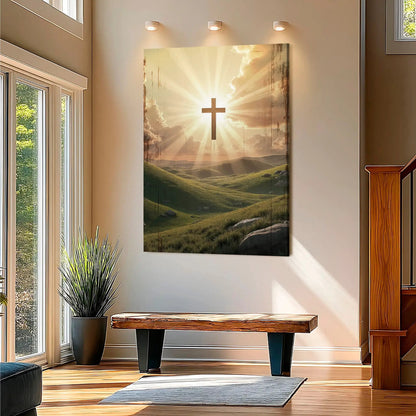 Amazing Grace wall sign canvas by Tailored Canvases showing a cross with sunbeams over hills on Tampa Home & Garden Store