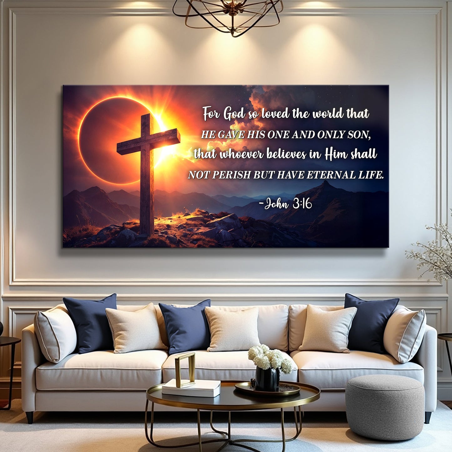 Canvas Faith Sign III John 3:16 scripture with sunrise cross design by Tailored Canvases on Tampa Home & Garden Store