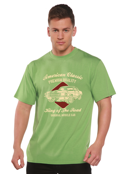 Green bamboo tee with vintage car print by Spun Bamboo on Tampa Home & Garden Store