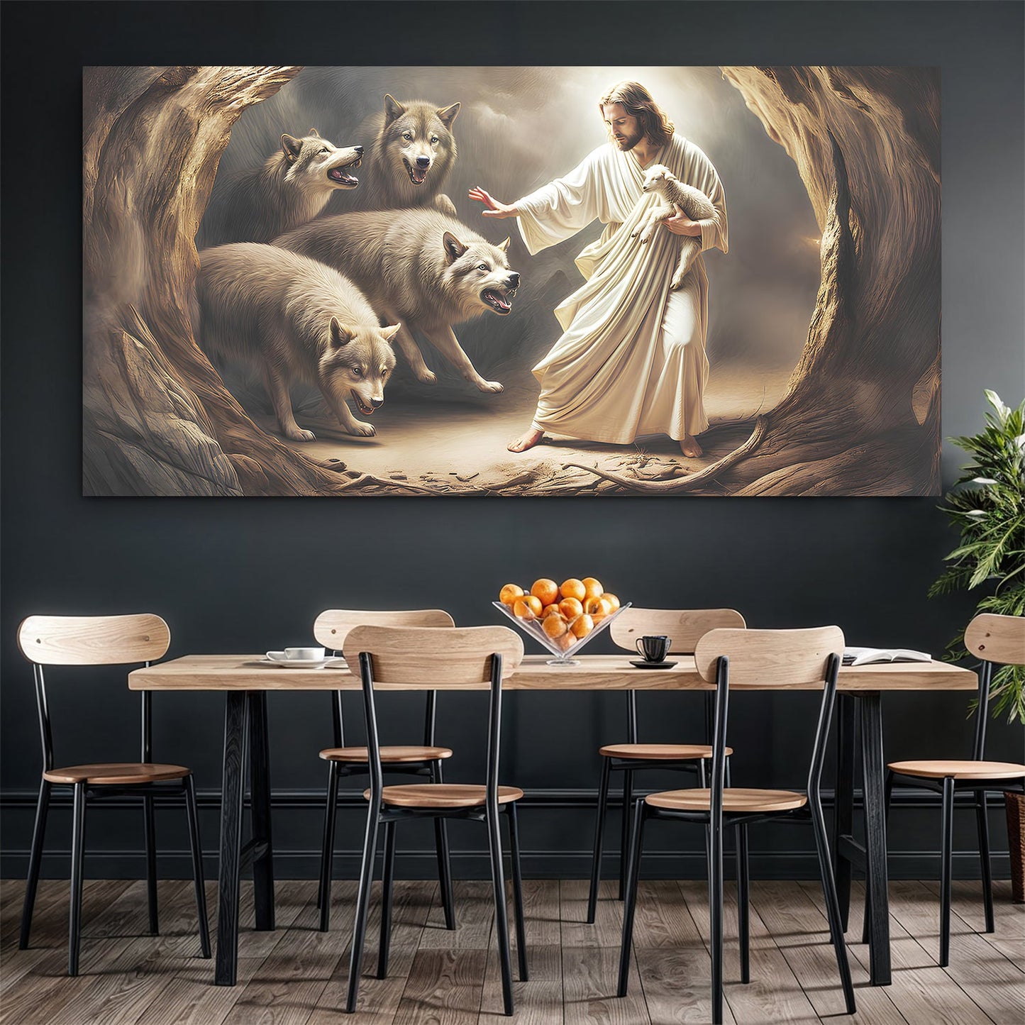 Canvas art Jesus Protects The Lamb From Wolves by Tailored Canvases in beige pastoral scene on Tampa Home & Garden Store