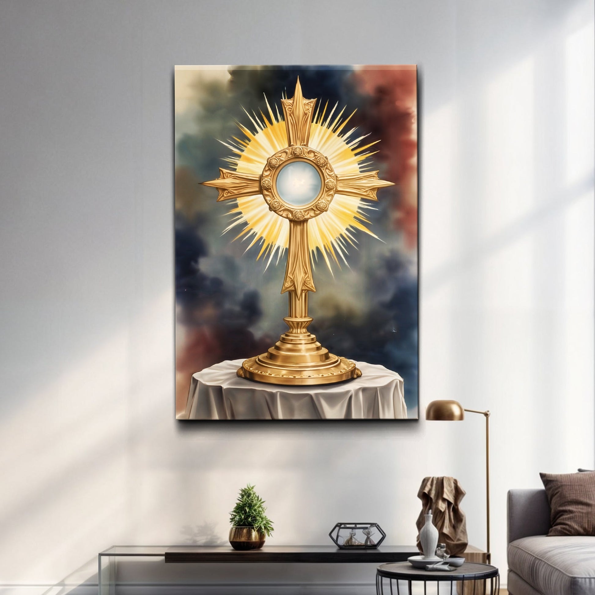 Holy Eucharist in Monstrance Wall Art canvas by Tailored Canvases; golden sunburst monstrance on Tampa Home & Garden Store