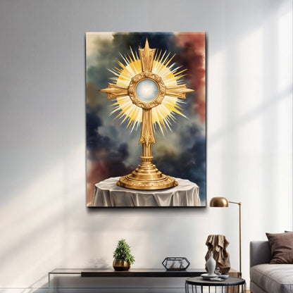 Holy Eucharist in Monstrance Wall Art canvas by Tailored Canvases; golden sunburst monstrance on Tampa Home & Garden Store
