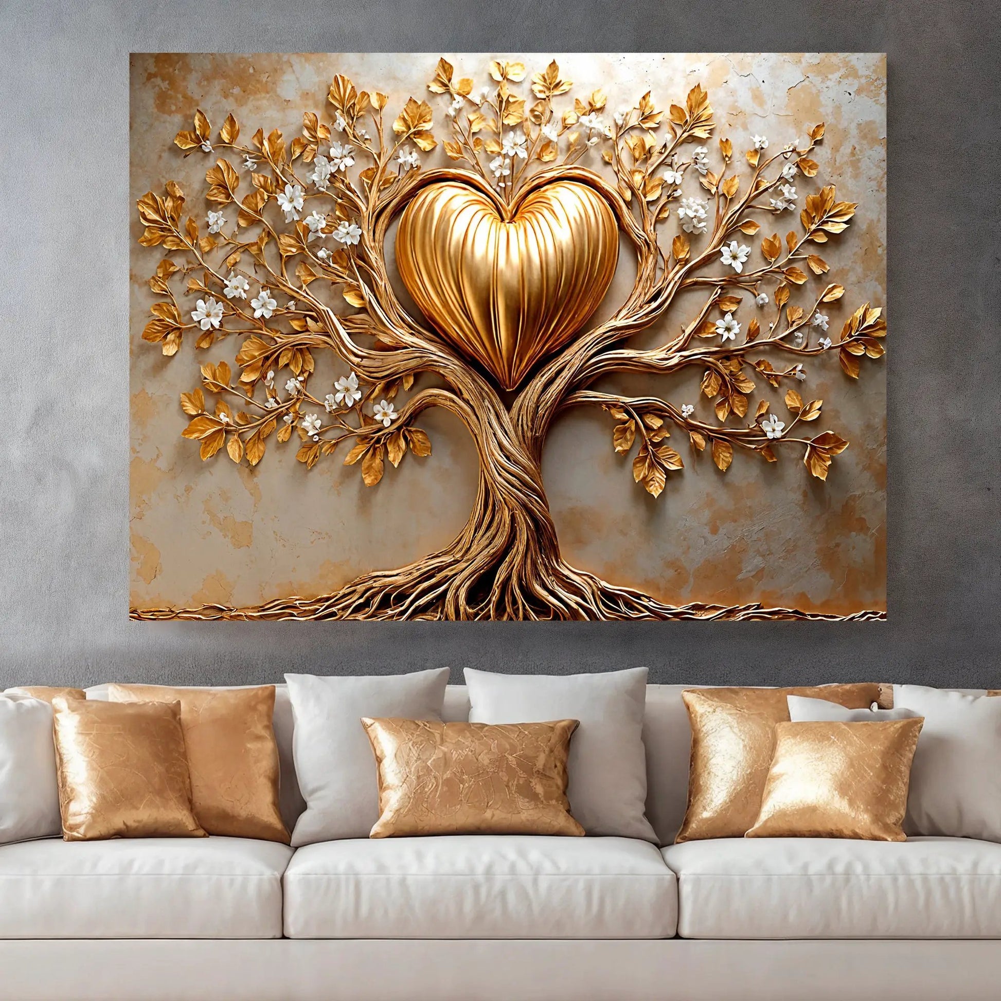 Golden Tree Heart Wall Art canvas with gilded branches and white blossoms on a warm backdrop on Tampa Home & Garden Store