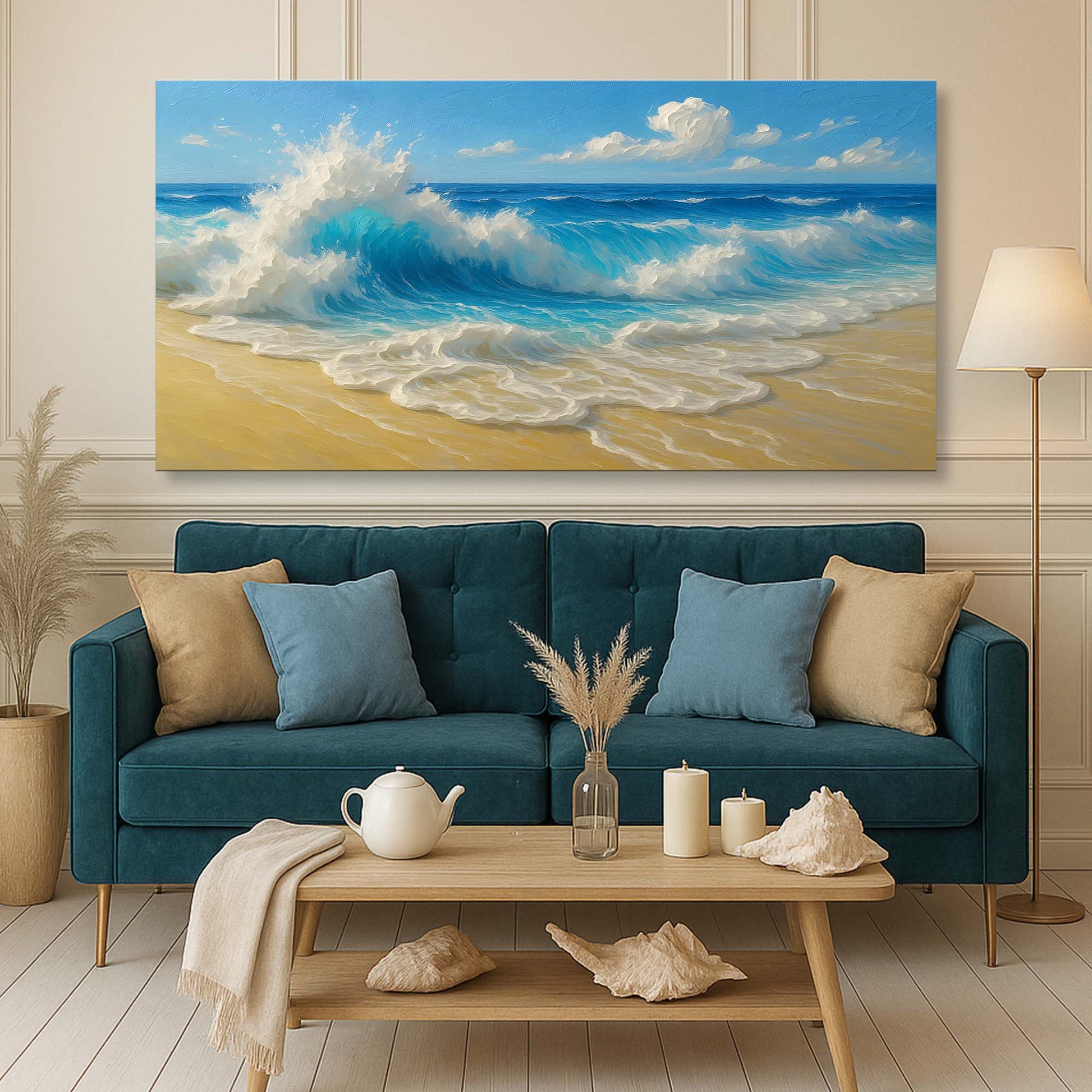 Serene Ocean Wave Coastal Wall Art V canvas with blue waves and sandy shore on Tampa Home & Garden Store