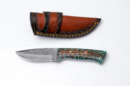 Damascus Skinner Knife with teal pine cone resin handle and mosaic pin, leather sheath on Tampa Home & Garden Store