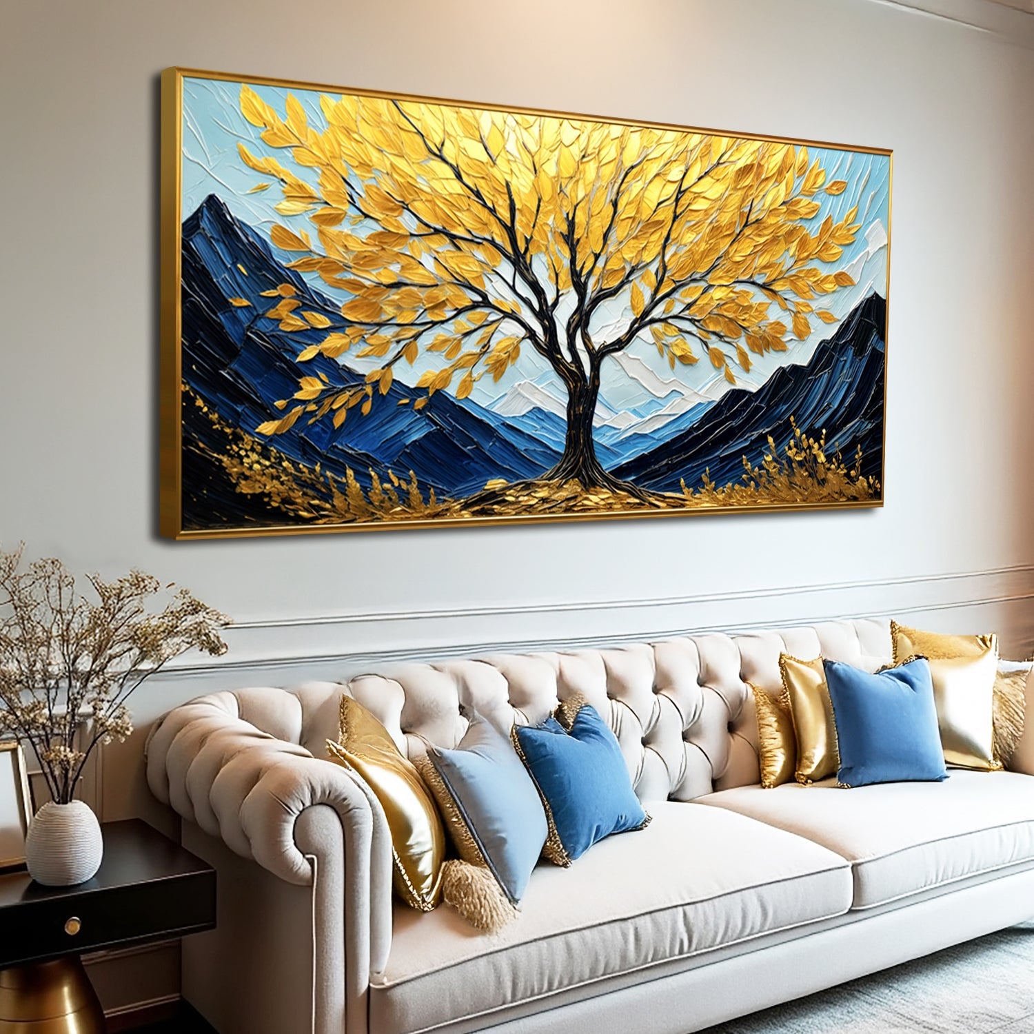 Golden Sanctuary Wall Art canvas by Tailored Canvases with golden leaves in a gold frame on Tampa Home & Garden Store