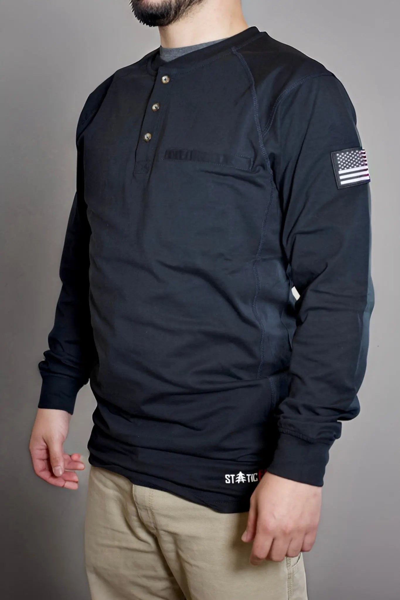 FR 3-Button Henley Shirt Black by Static FR, Shirts & Tops with US flag sleeve patch on Tampa Home & Garden Store