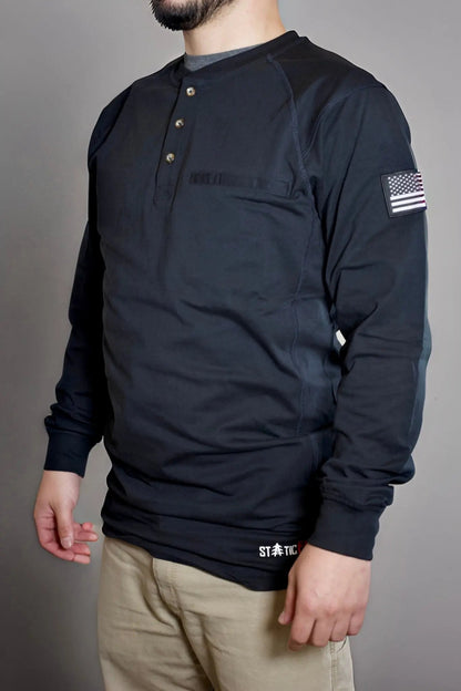 FR 3-Button Henley Shirt Black by Static FR, Shirts & Tops with US flag sleeve patch on Tampa Home & Garden Store