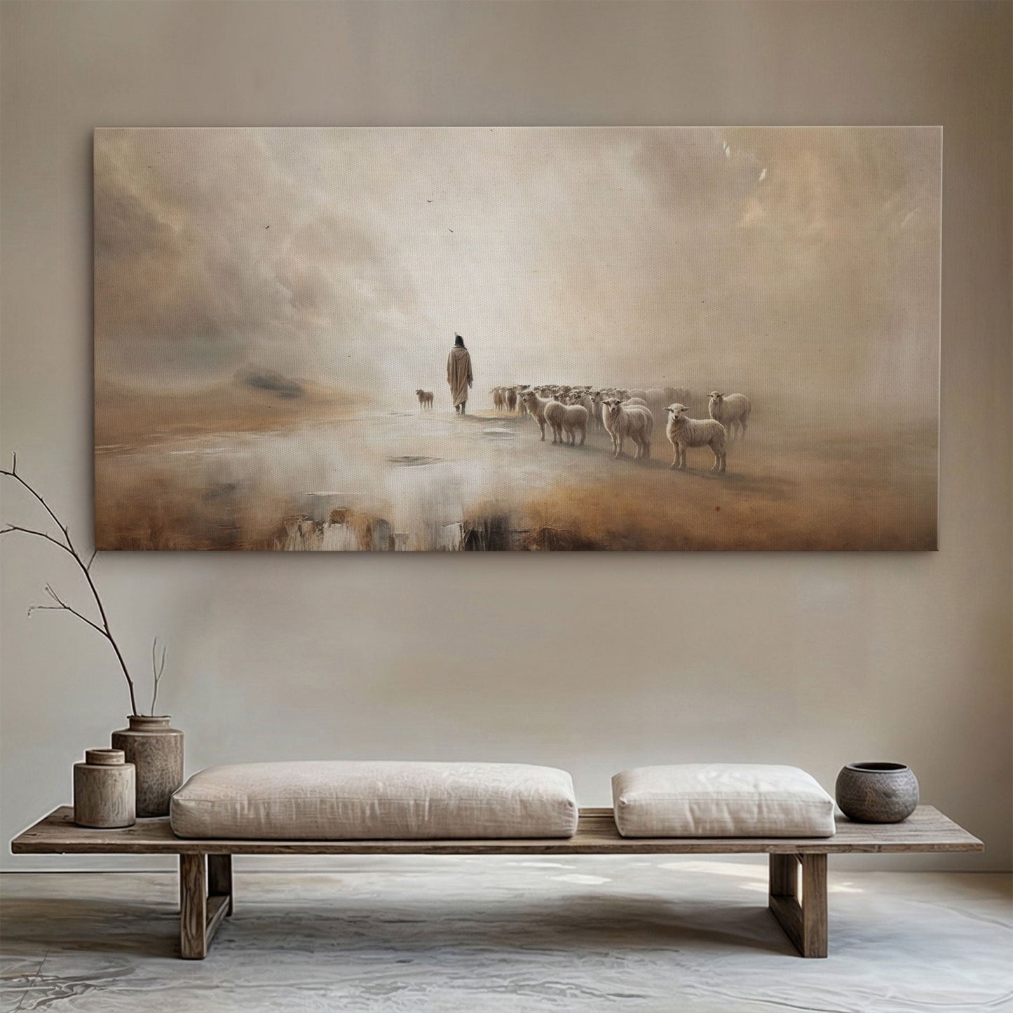 99 Faith Wall Art XIII canvas by Tailored Canvases, beige shepherd and sheep scene on Tampa Home & Garden Store