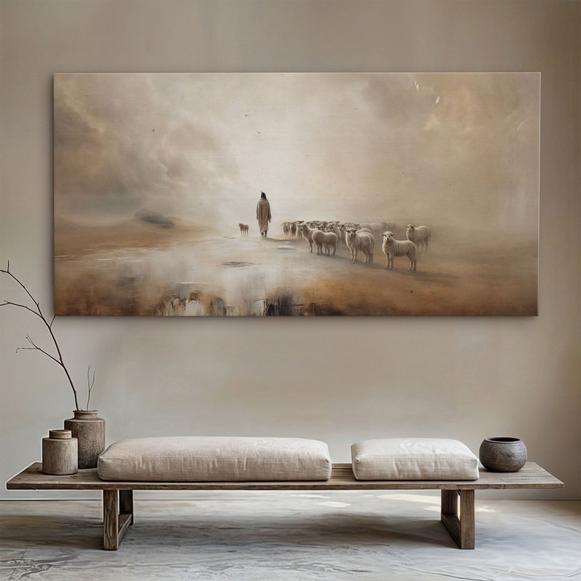 99 Faith Wall Art XIII canvas by Tailored Canvases, beige shepherd and sheep scene on Tampa Home & Garden Store