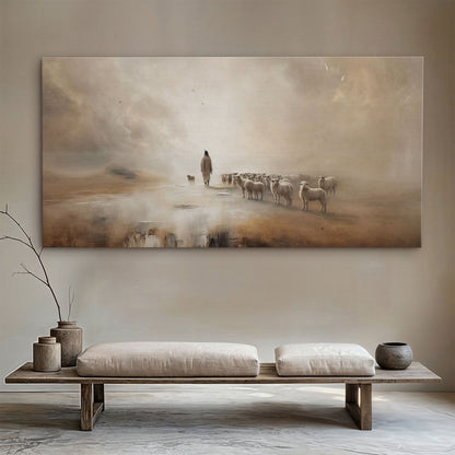 99 Faith Wall Art XIII canvas by Tailored Canvases, beige shepherd and sheep scene on Tampa Home & Garden Store