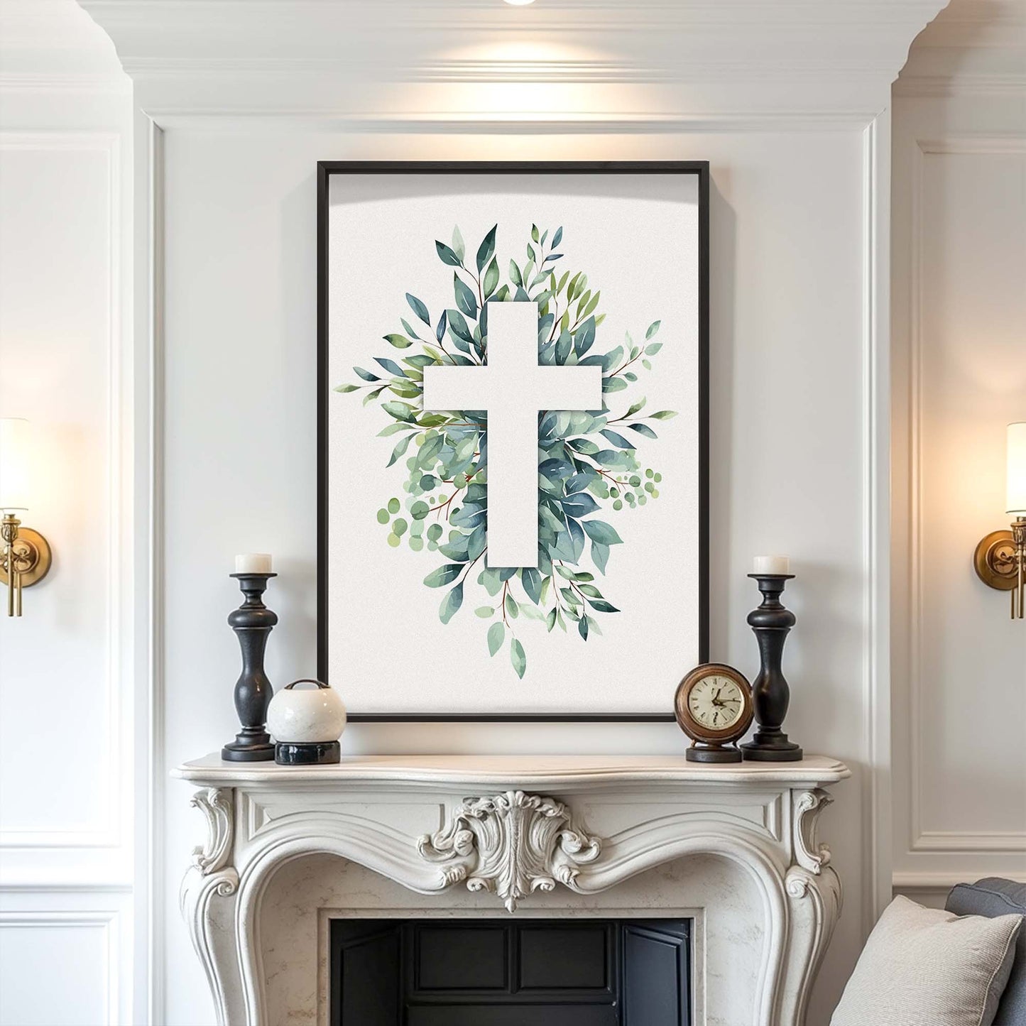 Evergreen Cross Faith Wall Art canvas by Tailored Canvases with a leafy wreath and white cross on Tampa Home & Garden Store