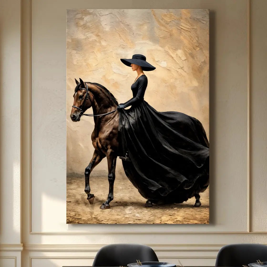 Elegant Equestrian Canvas: woman in black gown rides a dark horse against a beige backdrop on Tampa Home & Garden Store