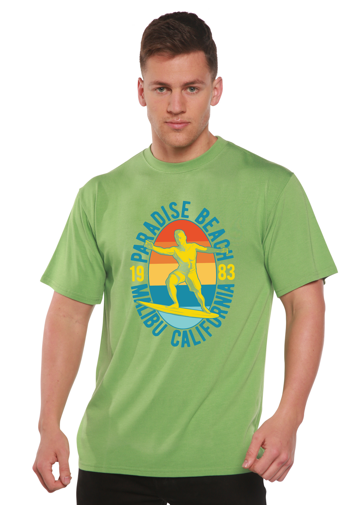 Paradise Beach 1983 men's graphic short sleeve t-shirt lime green surfing print on Tampa Home & Garden Store