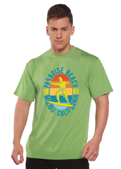 Paradise Beach 1983 men's graphic short sleeve t-shirt lime green surfing print on Tampa Home & Garden Store