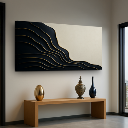 Tailored Canvases canvas art Black Minimalist Abstract; gold-edged waves left beige right on Tampa Home & Garden Store