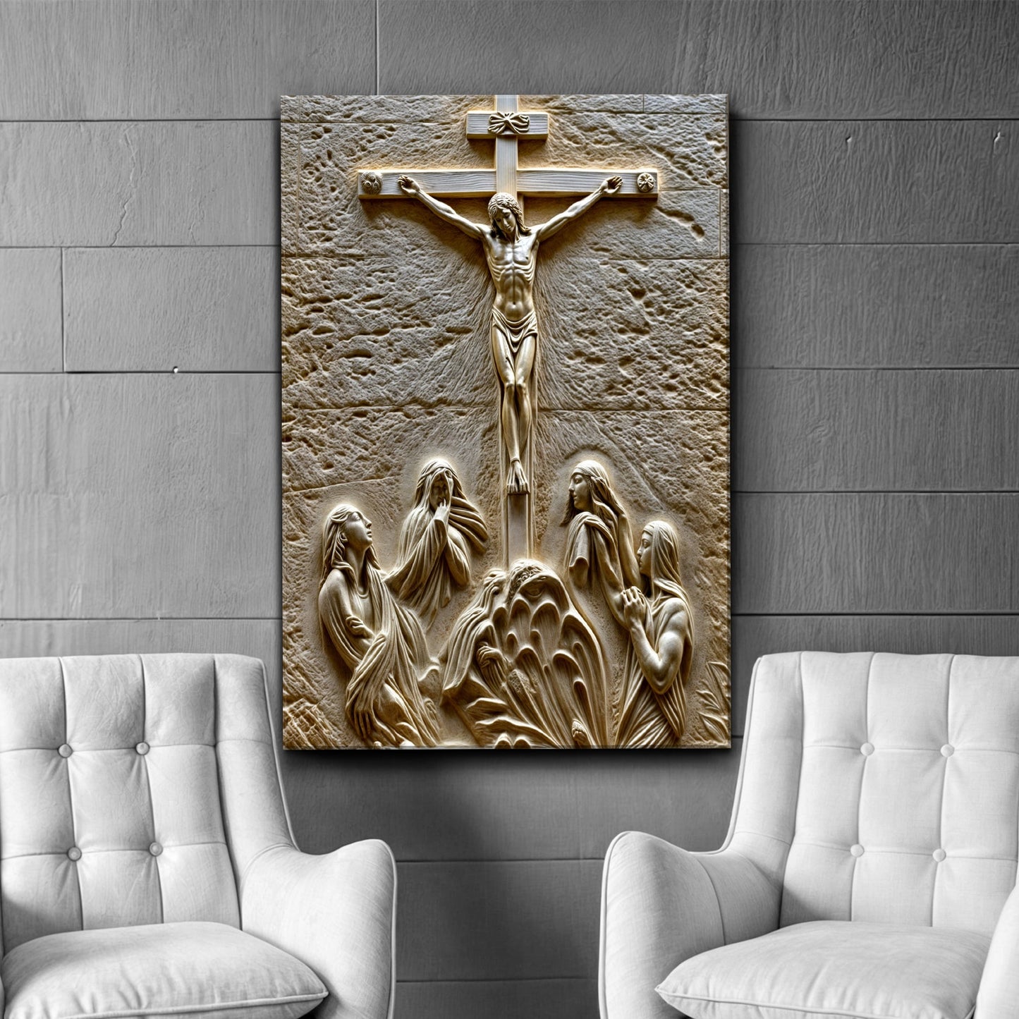 Three Cross Calvary Hill Canvas wall art gold-toned relief on beige stone background on Tampa Home & Garden Store