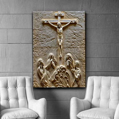 Three Cross Calvary Hill Canvas wall art gold-toned relief on beige stone background on Tampa Home & Garden Store