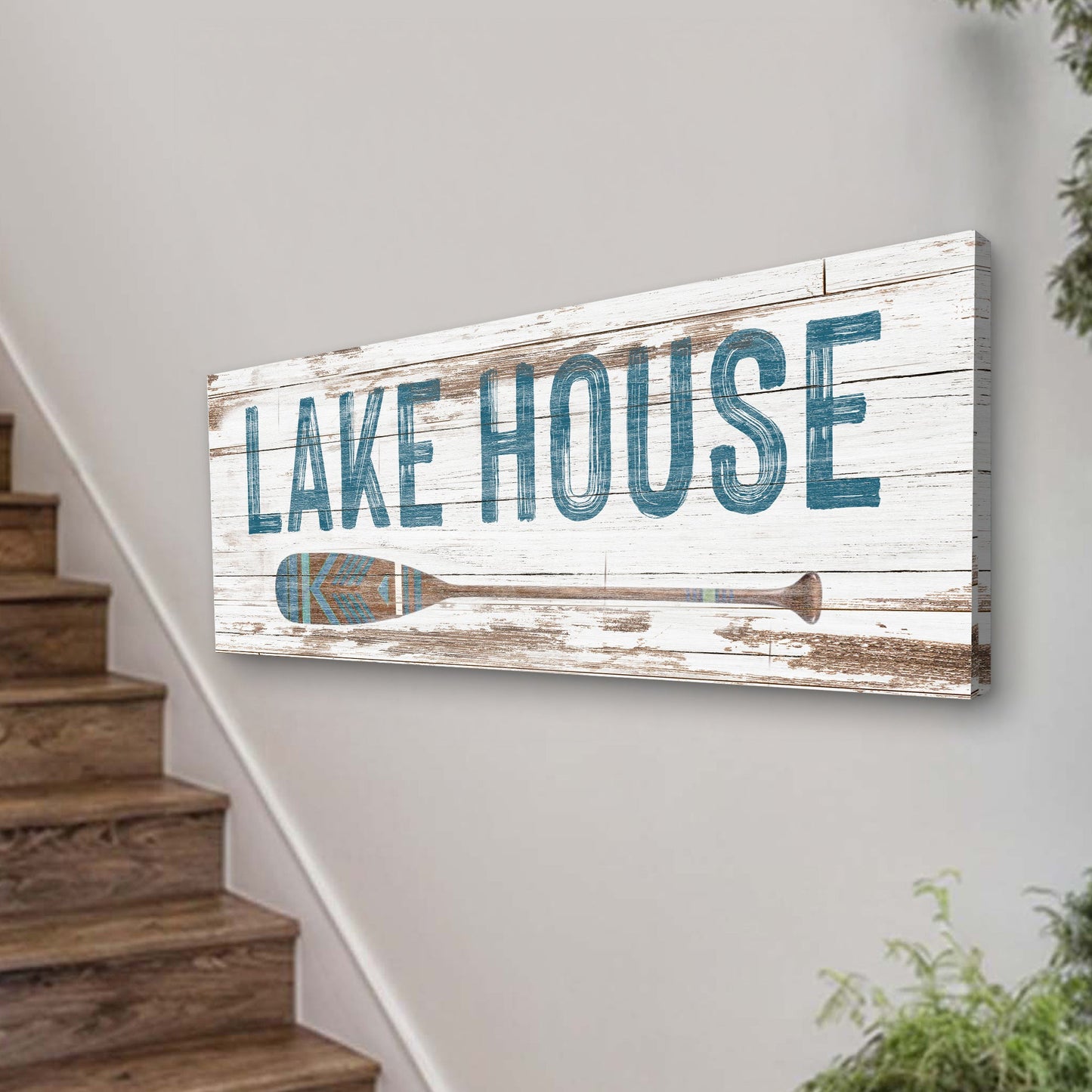 Lake House Coastal Sign II canvas with distressed white wood background and bold blue lettering on Tampa Home & Garden Store