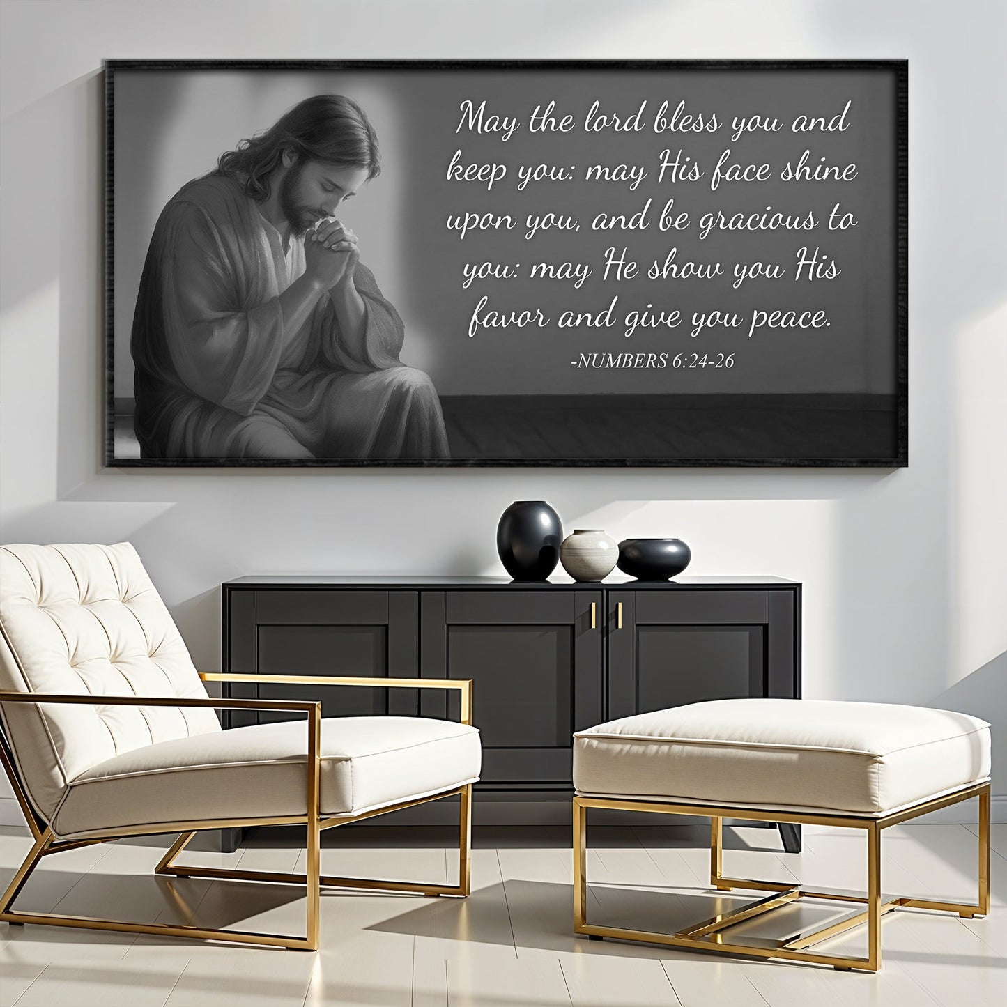 Canvas faith sign by Tailored Canvases with grayscale praying figure and Numbers 6:24-26 verse on Tampa Home & Garden Store