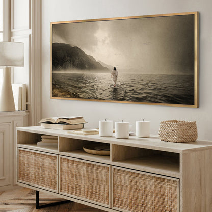 Canvas Walking On Water Faith Wall Art, seascape with lone figure entering water, wood frame on Tampa Home & Garden Store