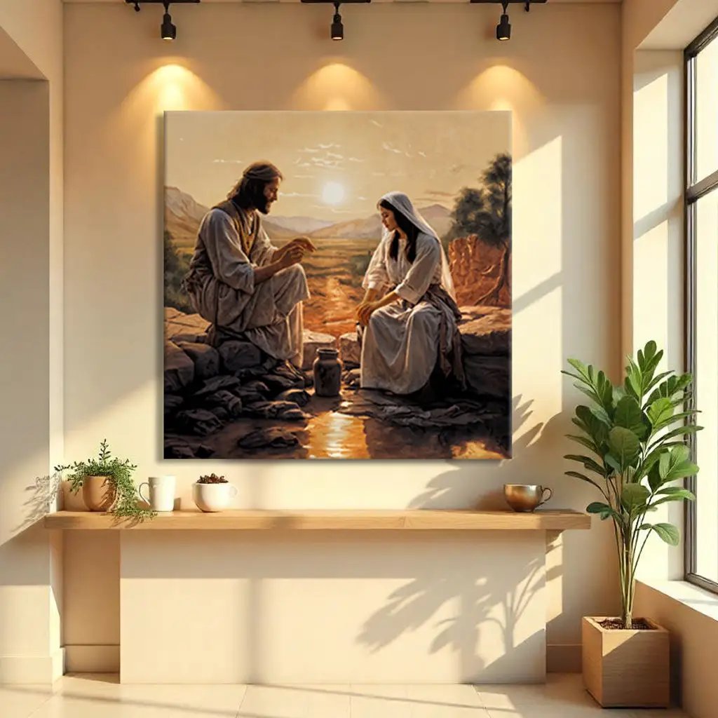 Samaritan at the Well Faith Wall Art III canvas by Tailored Canvases, warm sunset tones on Tampa Home & Garden Store