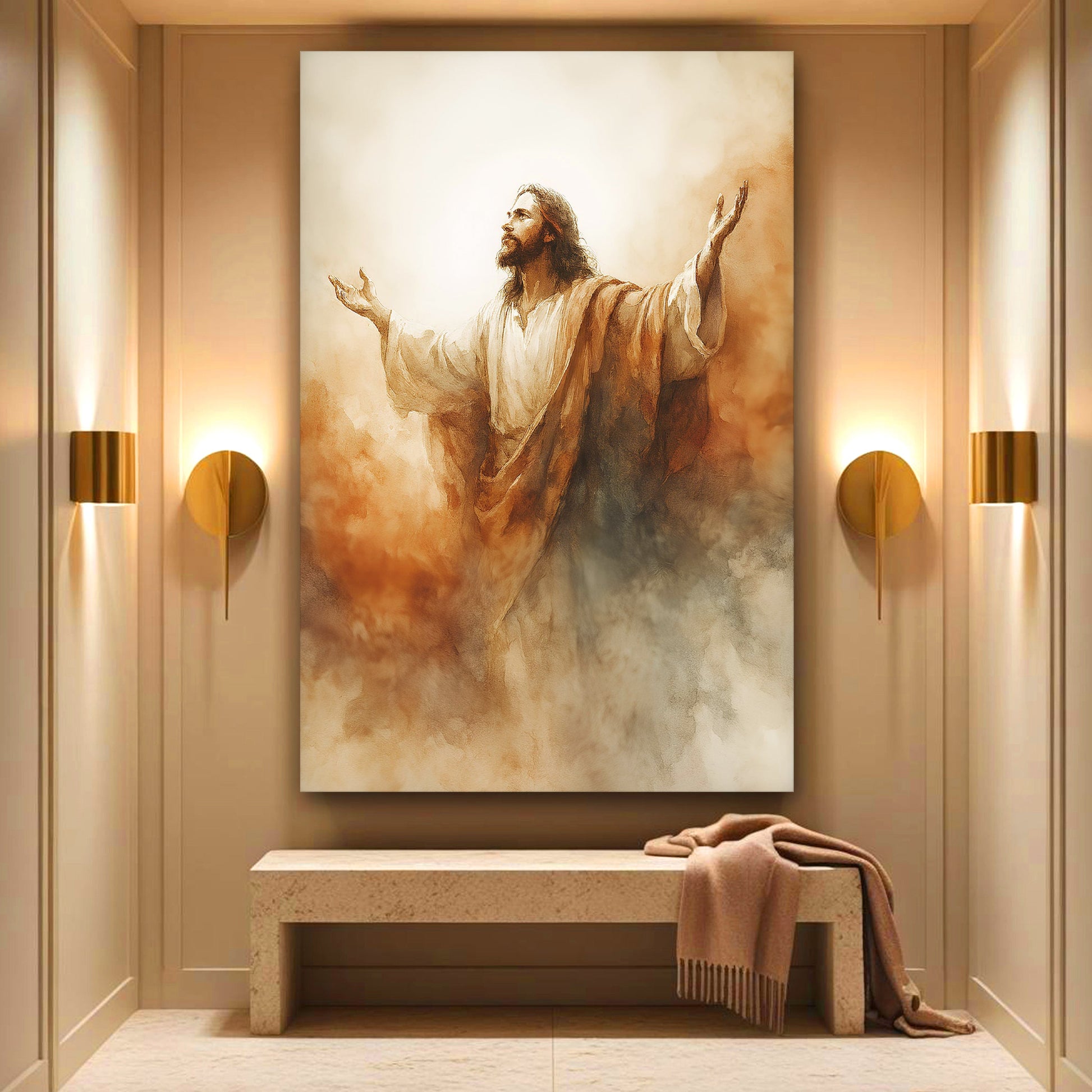 Risen Glory Faith Wall Art canvas by Tailored Canvases in sepia tones featuring a praying Jesus portrait on Tampa Home & Garden Store