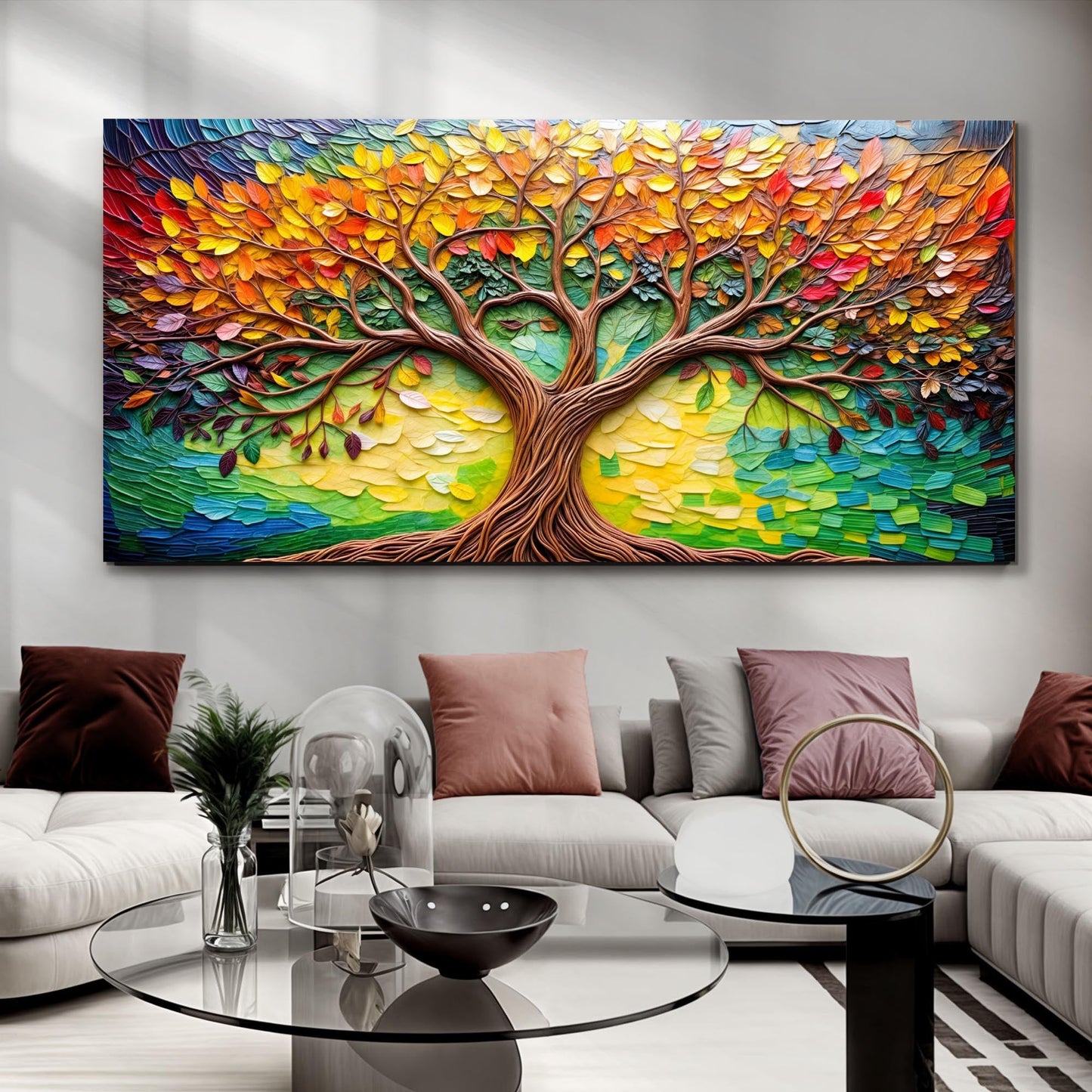 Tree Of Life Wall Art Canvas with vibrant multicolored leaves and twisting brown branches on Tampa Home & Garden Store