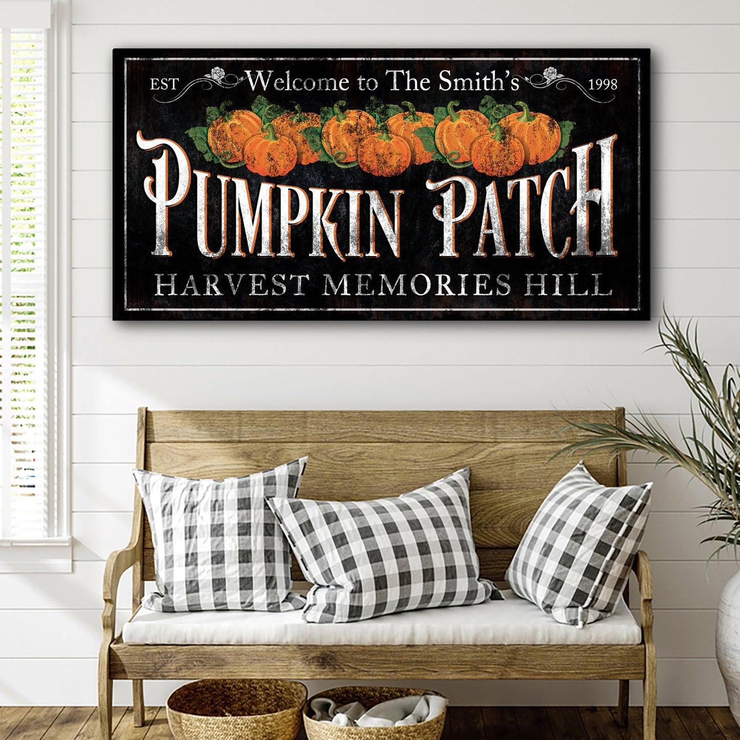 Personalized Pumpkin Patch Sign IX canvas Tailored Canvases with orange pumpkins above bench on Tampa Home & Garden Store