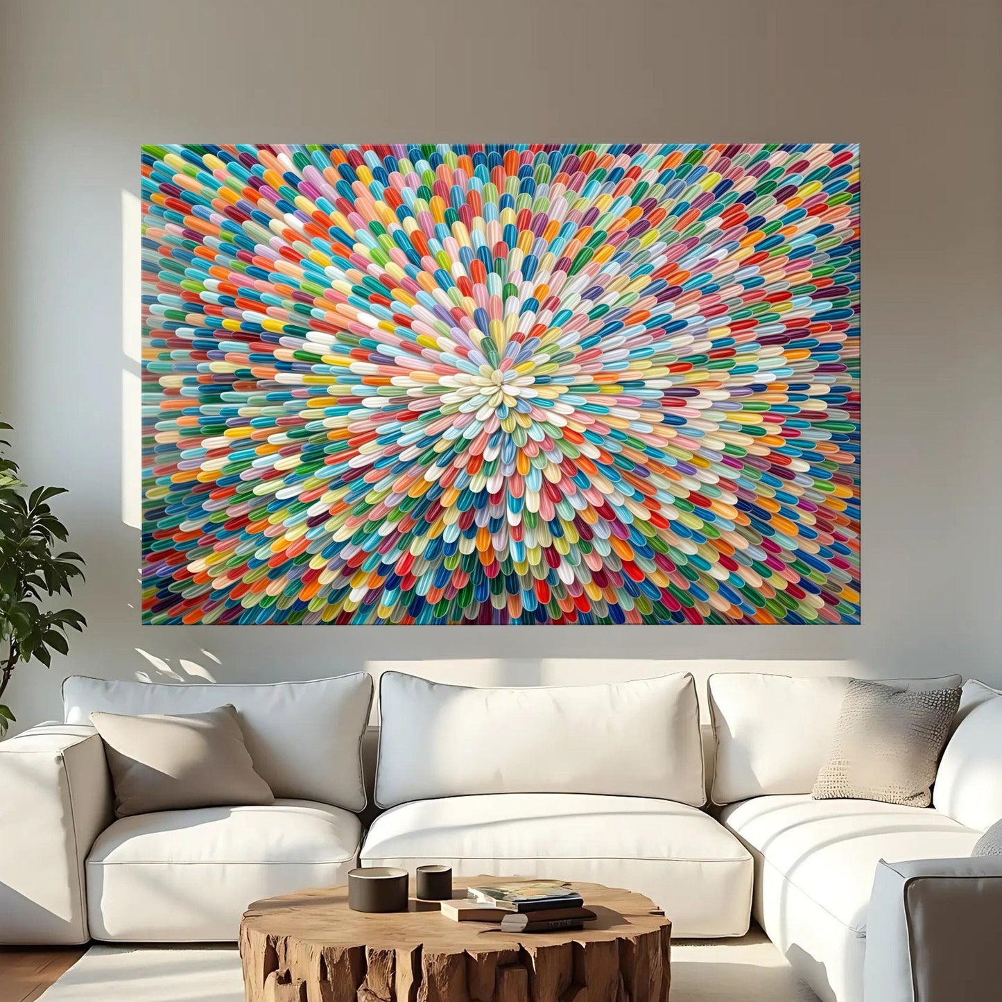 Radiant Bloom abstract canvas wall art by Tailored Canvases; multicolor teardrop arc on Tampa Home & Garden Store