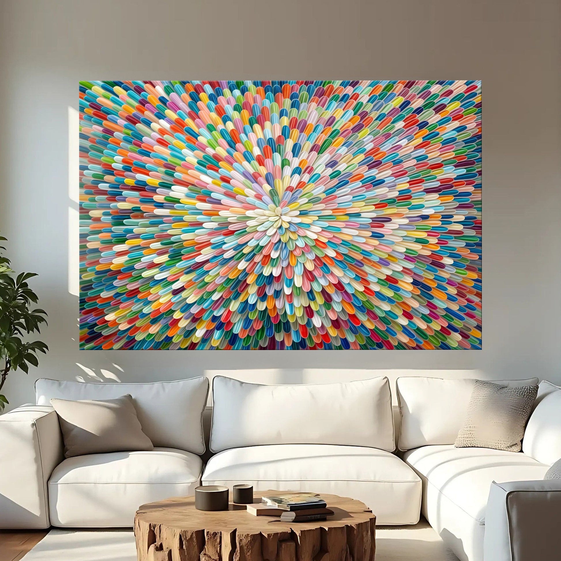 Radiant Bloom abstract canvas wall art by Tailored Canvases; multicolor teardrop arc on Tampa Home & Garden Store