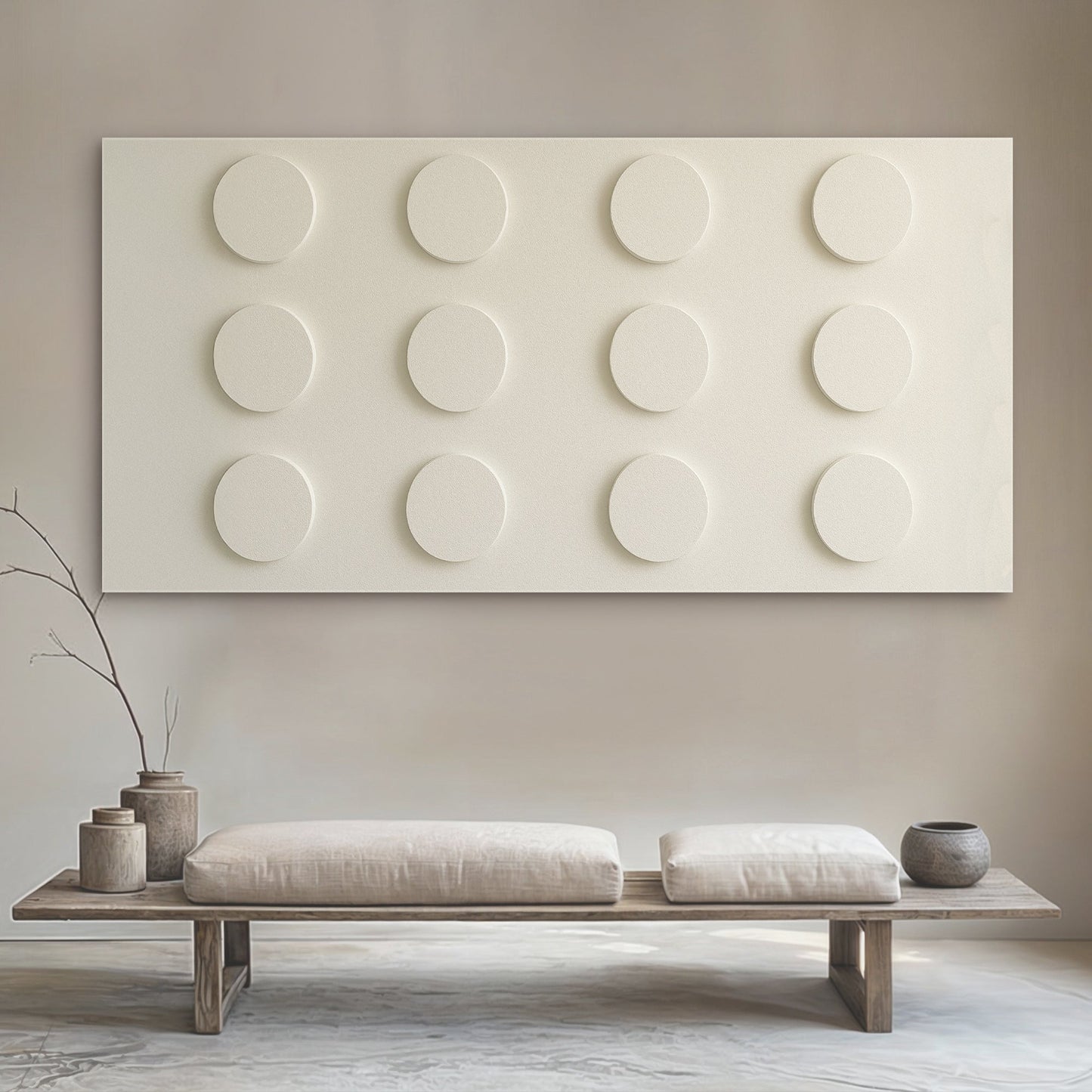 Modern Abstract Minimalist Wall Art II canvas by Tailored Canvases; beige with raised discs on Tampa Home & Garden Store