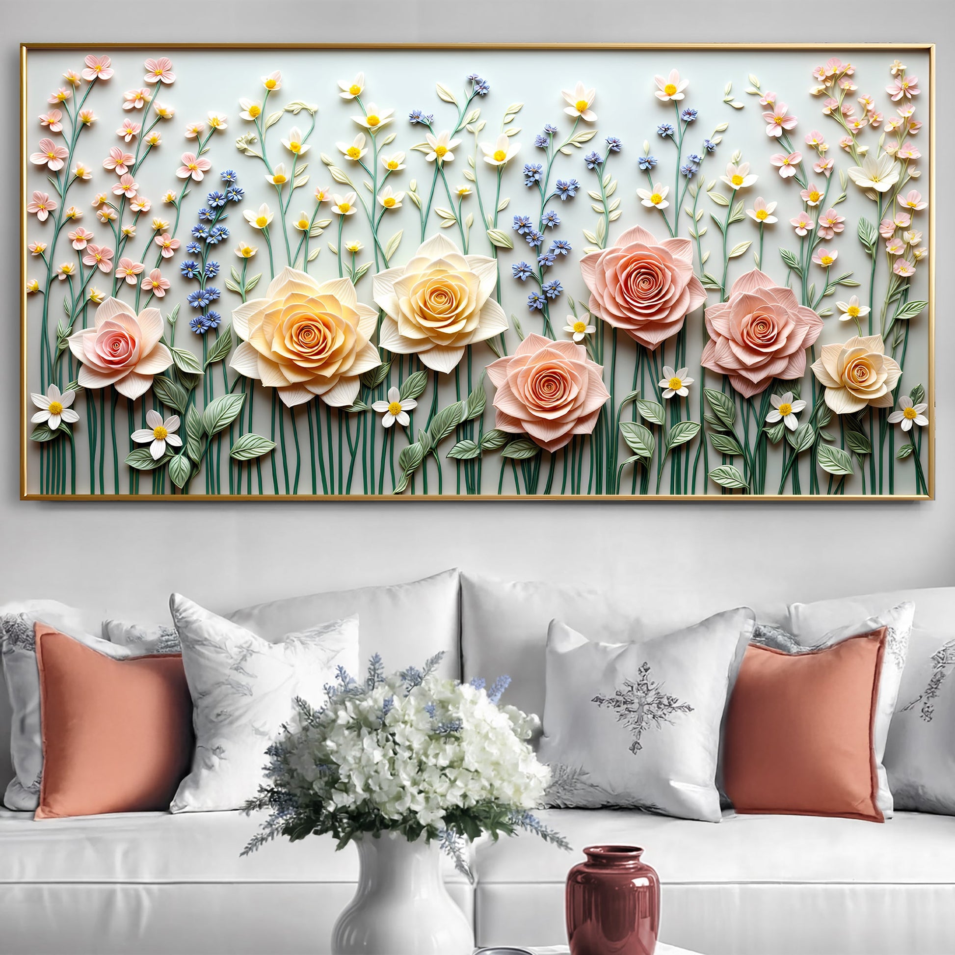 Garden Rhapsody Wall Art canvas with pastel pink and peach roses in a gold frame on Tampa Home & Garden Store