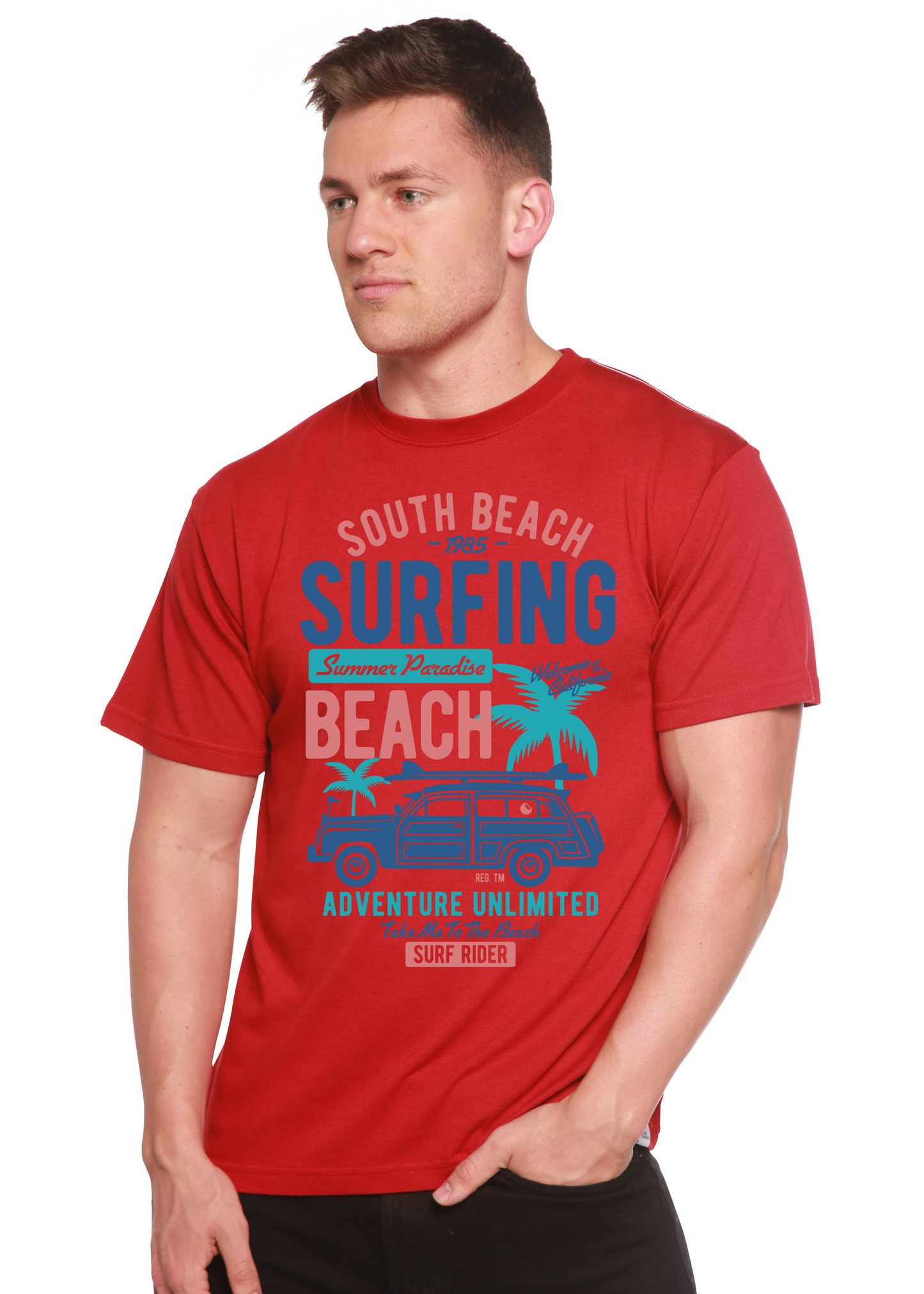 South Beach Spun Bamboo men's red tee with blue teal palm trees and van print on Tampa Home & Garden Store