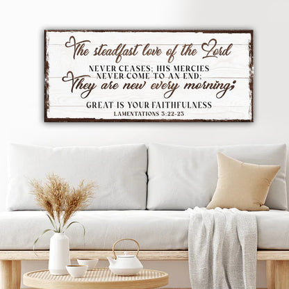 Canvas sign The Steadfast Love Of The Lord Lamentations 3:22-23 Faith Sign III framed on whitewashed wood Tailored Canvases on Tampa Home & Garden Store