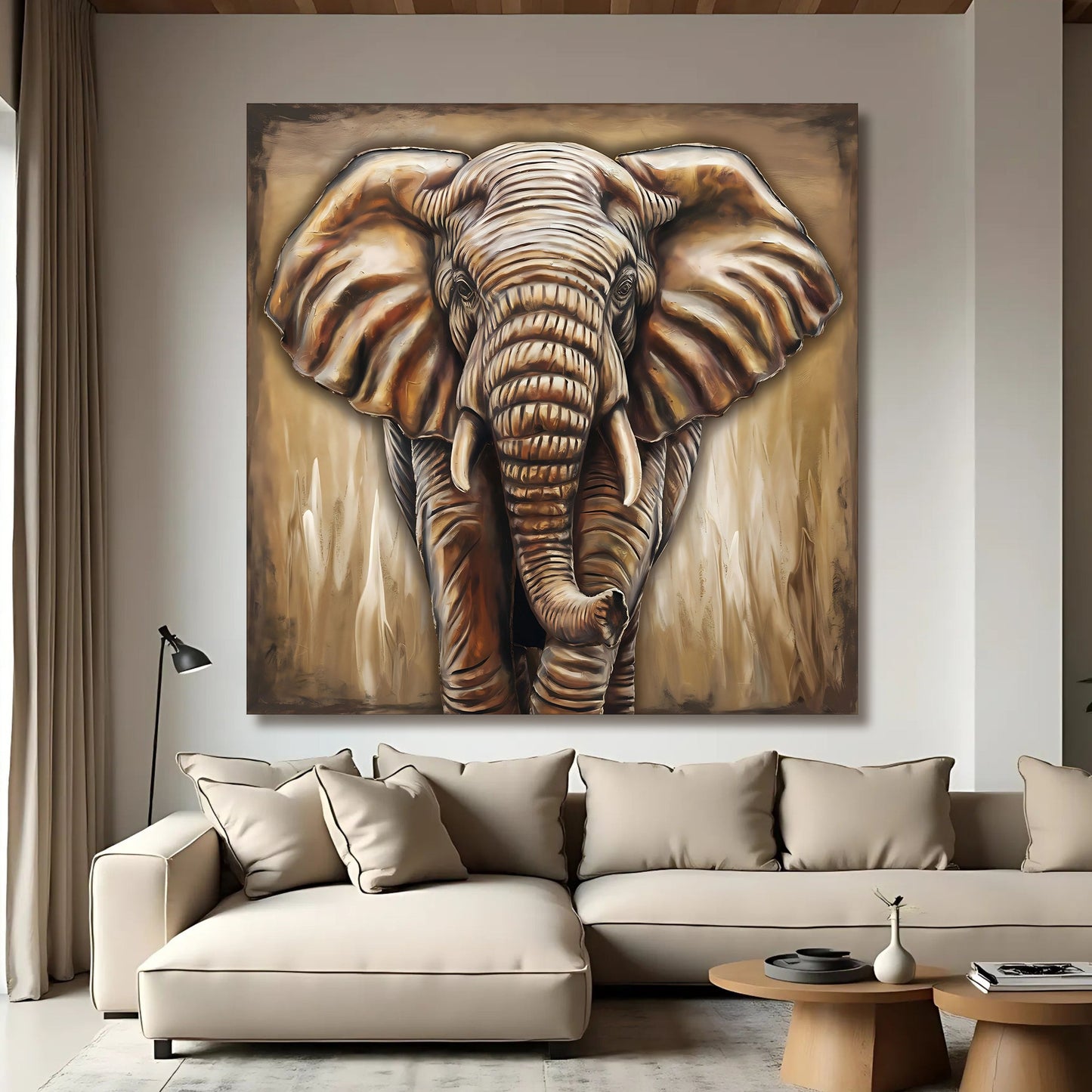 3D Elephant Wall Art canvas by Tailored Canvases, bold elephant portrait in warm browns on Tampa Home & Garden Store