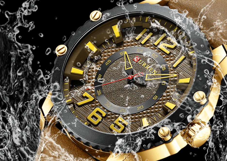 Men's waterproof sport watch with brown leather strap and gold-tone case numerals on Tampa Home & Garden Store